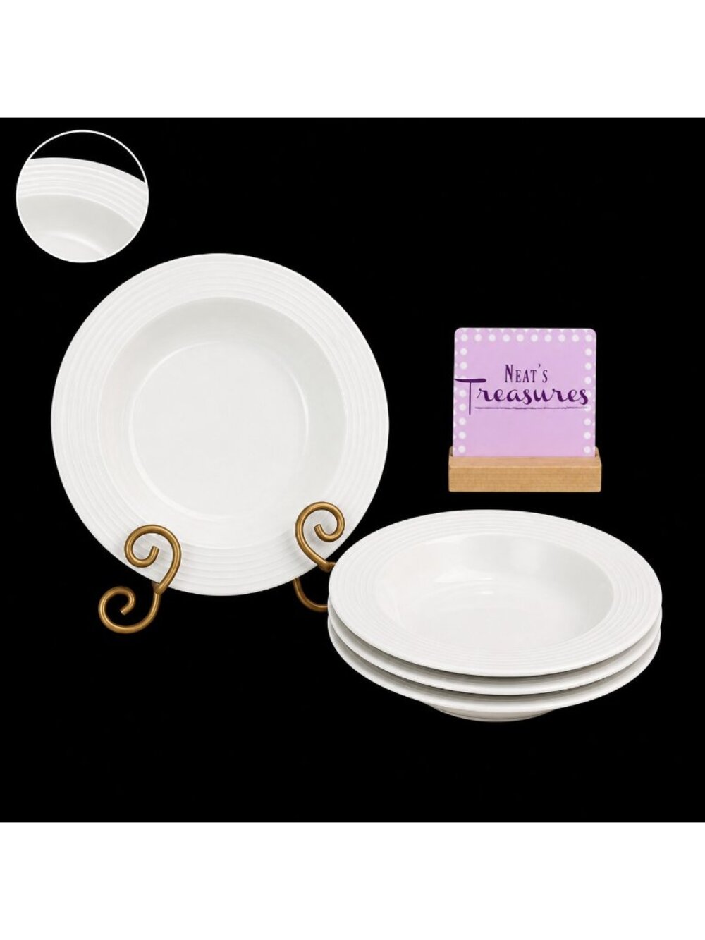 Food Network RIPPLE White Embossed Rings Stoneware Individual Pasta Bowls Set 4